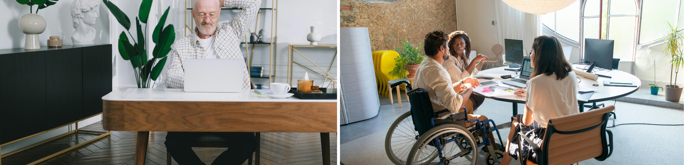 Man working in an office and a group of people working in a group, with one person in a wheelchair 